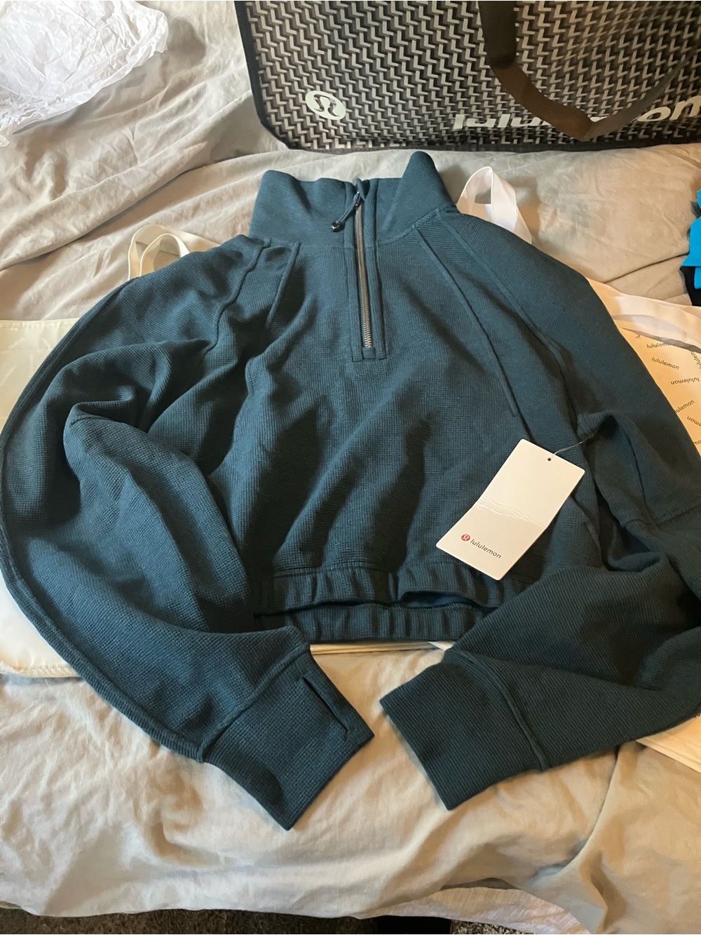 NWT Lululemon Scuba Cropped 1/2 Zip Funnel Neck *Waffle, S, Indochine Blue